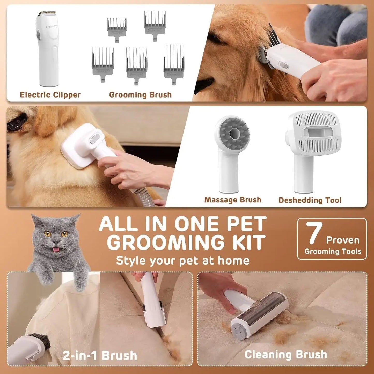Pet Grooming Vacuum Kit With 7 Tools For Low Noise