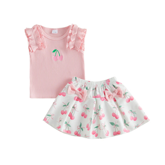 Girls Watermelon Print 2 Piece Sleeveless Top And Ruffled Skirt Set