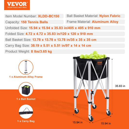 SucceBuy Foldable Tennis Ball Cart Holds 150 To 180 Balls With Wheels