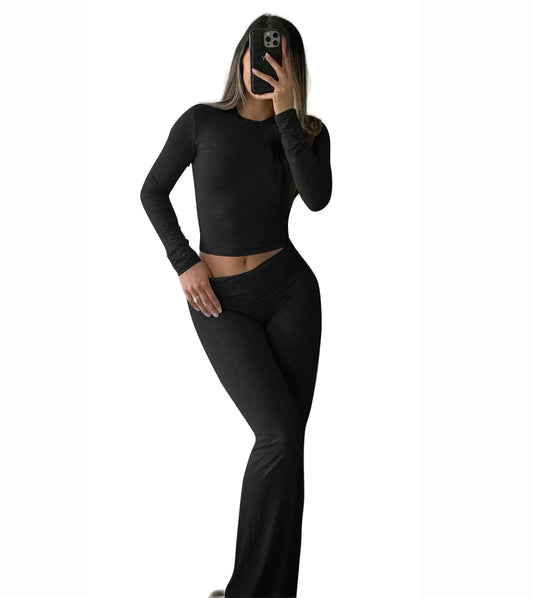Womens Yoga Two Piece Set Long Sleeve Wide Leg Activewear