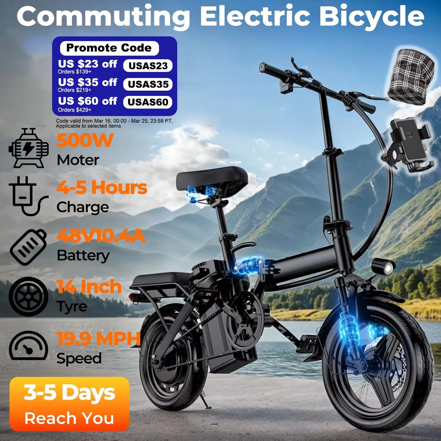 LELEKUAI 500W Folding Adult Electric Bike With Removable Battery