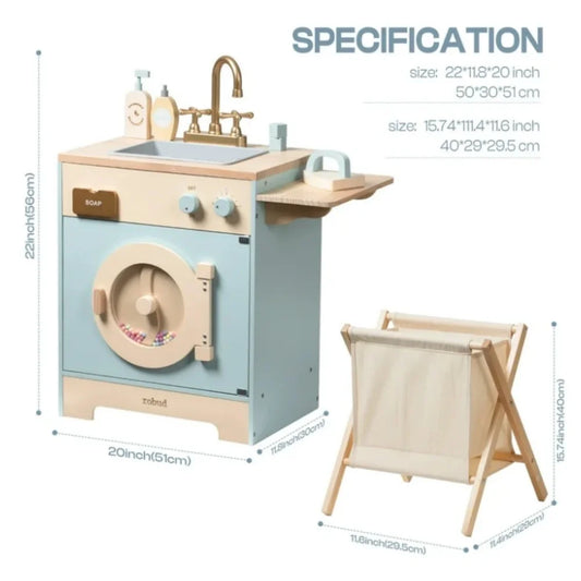 Robotime Robud Kitchen Washer Playset Pretend Play Toy Washing Machine with Clothes Basket Iron and Sink for Kids Age 3+Blue
